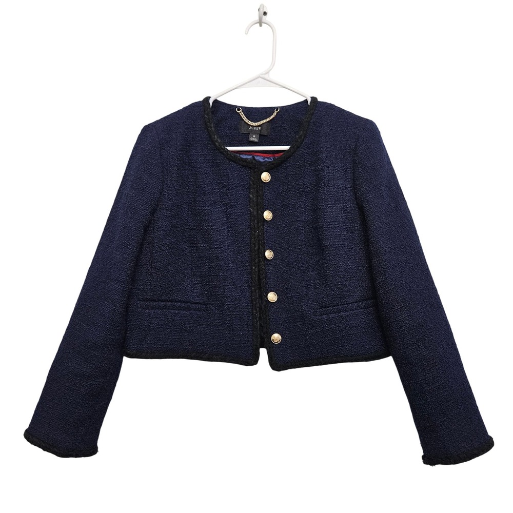 J.Crew Lady Jacket 6 Navy Blue Tweed Wool Cropped Gold Button Blazer Open Front